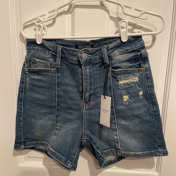 Judy Blue Women's Ripped High Waisted Jean Shorts - Dark Blue - Picture 1 of 4